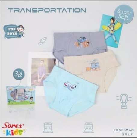 CD Sorex Kids Transportation uk M (2-4th), L (5-6th), XL (7-10) idr 45rb per pack isi 3pc